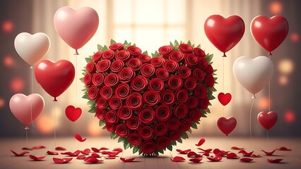 Heart-shaped bouquet of roses surrounded by balloons