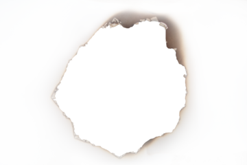 A close-up view of a burnt hole with distinctly charred and smoky edges on a light background isolated on transparent background