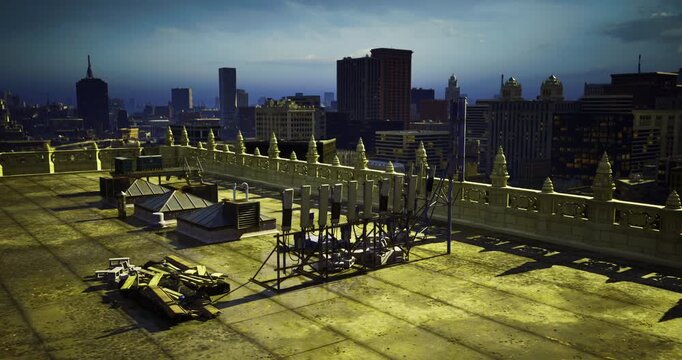 Rooftop perspective of a city in the late afternoon light showcases various buildings and construction infrastructure amidst a clear sky, revealing urban details and textures.