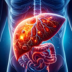 Medical visualization of the human digestive system, glowing organs