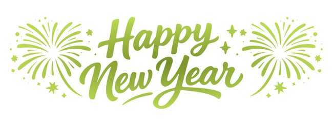 happy new year greeting with green hand drawn lettering and festive fireworks celebrating the start of a new year in a modern decorative style