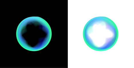 A neon liquid sphere rotates inside a circular PNG frame. Gradient shapes of smooth liquid swirl around the bubble. Tiny glowing particles orbit the neon circle.