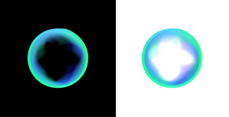 A neon liquid sphere rotates inside a circular PNG frame. Gradient shapes of smooth liquid swirl around the bubble. Tiny glowing particles orbit the neon circle.