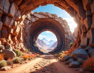 Portal-like sandstone archway framing mountains