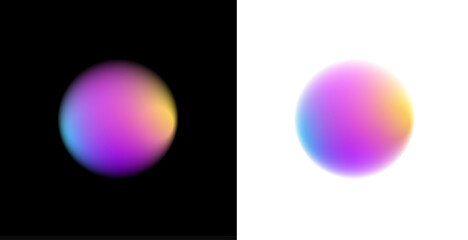 Translucent gradient circle with scattered liquid drops, soft holographic mesh, rainbow colors blending through blurred textures, luminous edges, round banner PNG.