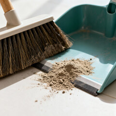 Broom and dustpan with small amount of dust, placed in corner leaving large copy space, home cleaning concept, clean minimalist background