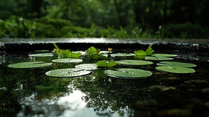 Serene pond scene features lily pads and small yellow flowers in tranquil water, surrounded by lush green foliage