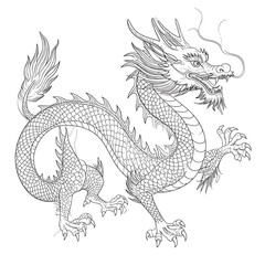 Line art of a Chinese dragon, poised and detailed
