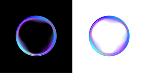 A glowing neon sphere floats inside a circular PNG frame. Liquid gradients swirl around the smooth bubble shape. Tiny neon particles drift along the edges.