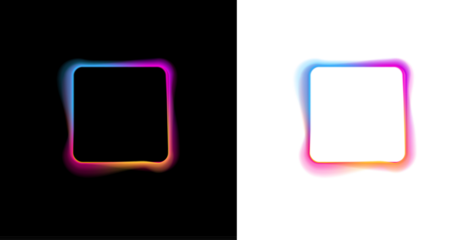 Square neon frame with blue and pink glowing edges on background, png format. Bright neon light forms a clear square outline. Soft glow and smooth light gradient surround the square shape.
