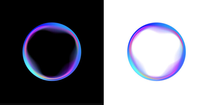 A glowing neon sphere floats inside a circular PNG frame. Liquid gradients swirl around the smooth bubble shape. Tiny neon particles drift along the edges.
