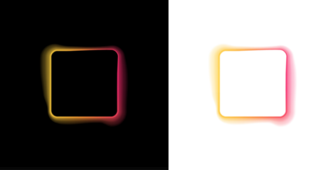 Square neon frame with purple LED glow, png format. Bright neon and LED lines highlight sharp corners and clean shape. Subtle light haze adds luminous depth around the frame.