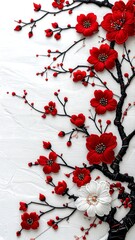 Textured artwork of a blossoming tree with striking red and white blossoms