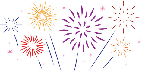 Colorful display of festive fireworks exploding in various shapes and patterns against a white backdrop © wajuddin