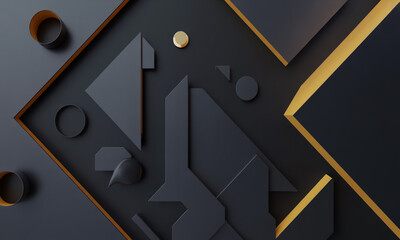 Abstract Geometric Composition with Dark Gray and Gold Shapes and Circles image photo