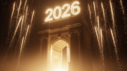 2026 New Year fireworks over ornate archway celebration