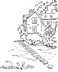 Obraz premium Scenic Lakefront House with Beautiful Nature View Sketch