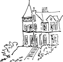 Naklejka premium Hilltop House with Tower Architecture Landscape Sketch