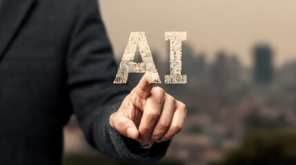 A hand points at the letters "AI," symbolizing the concept of artificial intelligence with a cityscape in the background.