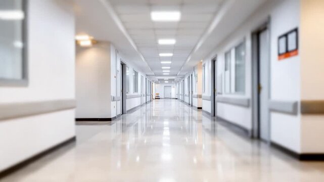 Hospital Corridor: A bright and clean hospital corridor with soft lights and a sense of calm and order. Empty hallway in focus provides the feeling of cleanliness and a path to healing.