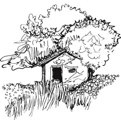 Abandoned Rural Shack with Old Trees Landscape Sketch