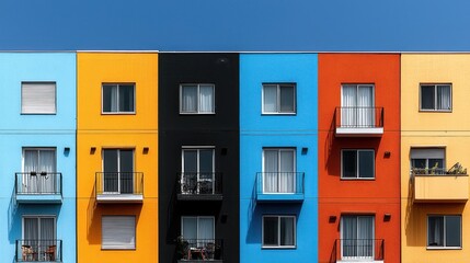 Obraz premium Rows of vibrant, multi-colored apartment building facades against a clear, azure sky. Each unit features windows and balconies