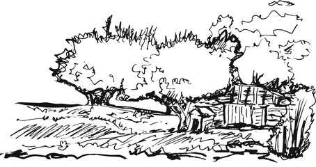 Rural Village Hut with Trees and Meadow Landscape