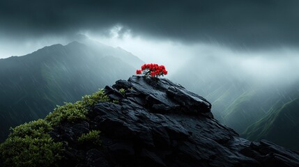Red blooming bush atop a rocky peak in a moody, rain-swept mountain range. Lush greenery contrasts grey rock and skies