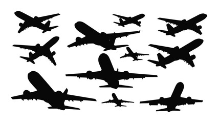 Collection of various airplane silhouettes in flight a dark and striking scene silhouette © Rian