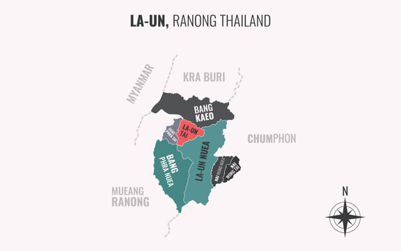 Map showing La un District Ranong Thailand divided into sub-districts with minimalist colorful patterns