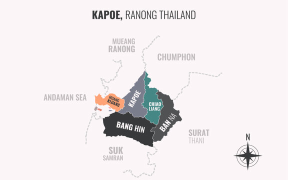 Map showing Kapoe District Ranong Thailand divided into sub-districts with minimalist colorful patterns