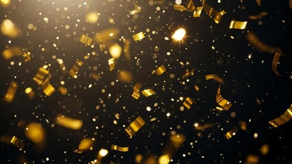 Celebratory gold confetti and shining particles on black background