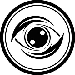 Minimalist black eye symbol with an iris and pupil, within a circular frame, representing vision and focus. Vector icon for logo, app, web design