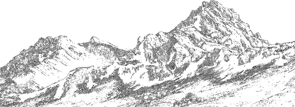 mountain landscape in the mountains or silhouette or sketch art of mountains with various geometric lines.
