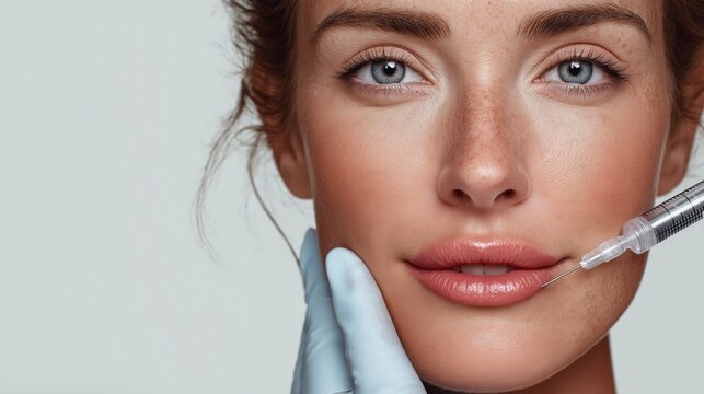 Cosmetic procedure, aesthetic treatment, dermatology service, and beauty medicine define this commercial portrait. A woman receiving a lip injection represents skincare enhancement and professional