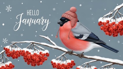 Hello January - Bullfinch in winter hat perched on snowy branch with rowan berries. Snowflakes fall on blue background. Seasonal greetings 