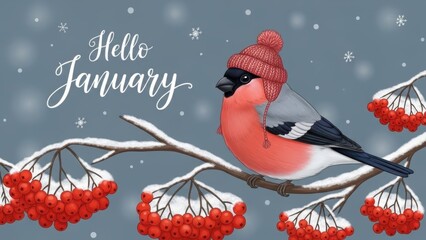 Hello January - Bullfinch in winter hat perched on snowy branch with rowan berries. Snowflakes fall on blue background. Seasonal greetings 