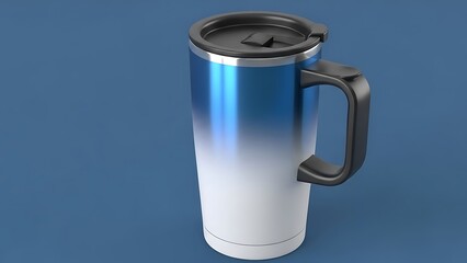 A sleek blue and white gradient travel tumbler with handle and black lid on a blue background