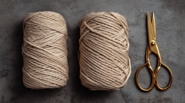 Two spools of beige yarn sit next to a pair of gold scissors on a gray surface. This setup is useful for various crafting tasks and DIY activities.