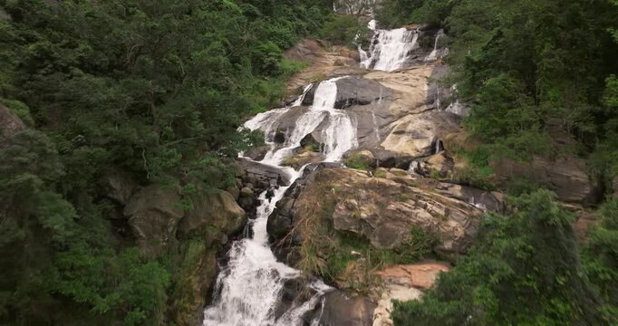 Aerial view of Ravana Ella Waterfall Cascading Through Lush Green Forest, Sri Lanka