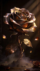 A stunning bronze rose sculpture with intricate details and glowing elements, set against a dark, atmospheric background