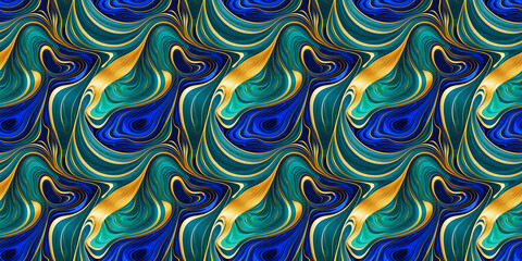Artistic seamless pattern, marble and ink swirl, emerald, gold accents, ideal for wallpaper, backgrounds