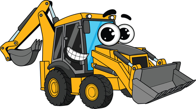 Cartoon backhoe loader, smiling construction vehicle, anthropomorphic machine, kids illustration, expressive eyes, yellow truck, animated digger, friendly character