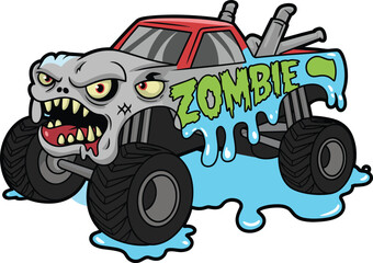 Cartoon zombie monster truck, horror vehicle, dripping slime, stitched face, glowing eyes, scary design, oversized tires, undead theme, kids illustration © Creative Art