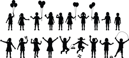 Happy children silhouettes playing with joy, holding balloons and toys, jumping, skipping rope, and having fun, black vector illustration of kids activities, isolated on white background. © EMON