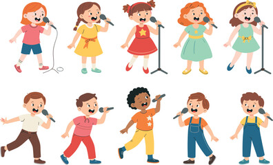 Fototapeta premium Cartoon children singing, kids music performance, microphone illustration, colorful outfits, happy childhood, school concert, vocal group, stage show, entertainment