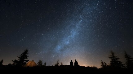Fototapeta premium Two silhouettes watch the luminous Milky Way galaxy from a campsite on a hill under a vast starry night sky