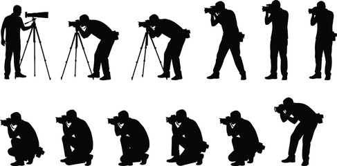 Professional photographer silhouette set, capturing action and moments, standing, crouching, and using a tripod, vector drawing collection, isolated black shapes