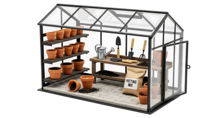 Miniature greenhouse model with tiny terracotta pots, potting bench, and gardening tools, showcasing a detailed small-scale plant cultivation hobby