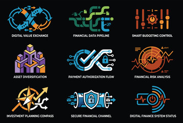 Financial technology and business icons for digital banking and commerce